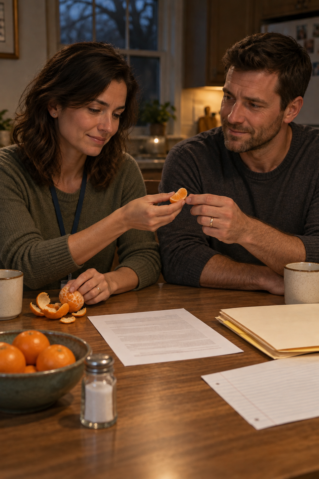 Mara hands Owen half a clementine beside the final statement on their kitchen table.
